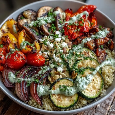 Grilled Veggie and Quinoa Power Bowls with Tahini Drizzle served in a ceramic bowl with fresh herbs.