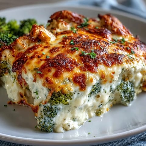 Golden Keto Creamy Chicken and Broccoli Casserole bubbling from the oven with melted cheese crust.
