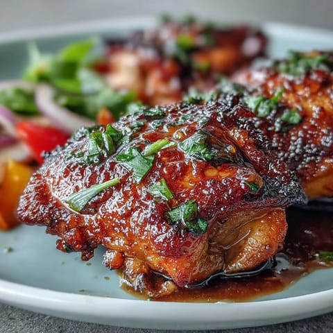 Juicy chicken thighs with honey garlic glaze, served alongside warm garlic naan and colorful roasted vegetables.  