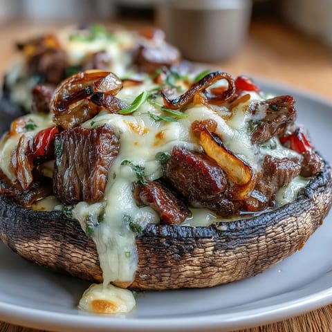Savory Philly Cheesesteak filling packed into roasted portobello mushrooms, topped with gooey melted provolone for a low-carb dinner.