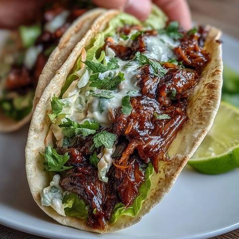 Vegan BBQ jackfruit lettuce tacos with creamy slaw, served in crisp lettuce cups and topped with tangy, crunchy slaw for a fresh, plant-based meal.
