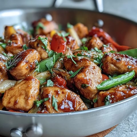 Aromatic stir-fry featuring juicy chicken, ripe mango, and crisp snap peas, infused with turmeric and served over steamed rice.  