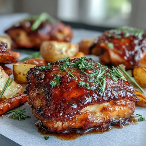 One-Pan Honey Mustard Chicken and Carrots Sheet Pan Dinner with golden chicken thighs and roasted vegetables.  