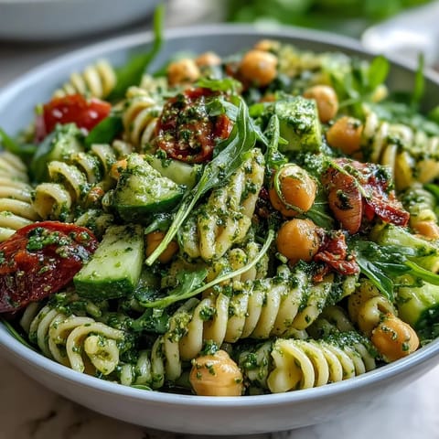 Creamy vegan pesto coats tender pasta, chickpeas, and fresh arugula in this colorful, protein-packed salad.
