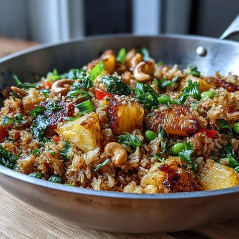 Colorful vegan pineapple fried rice with cauliflower and edamame, featuring juicy pineapple, green peas, and crunchy cashews.  