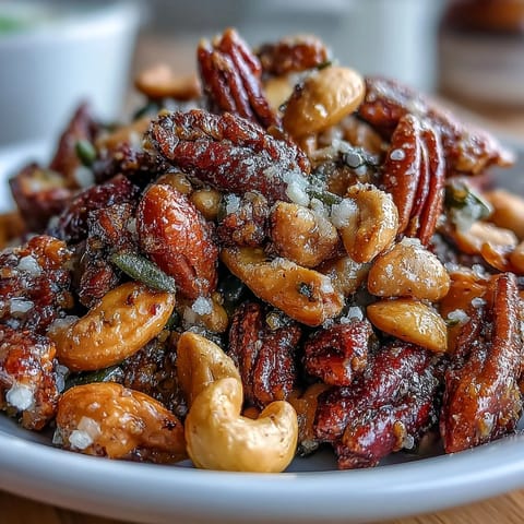 Crunchy clusters of salted honey-coated peanuts, cashews, and seeds, baked until fragrant and golden, perfect for snacking.  