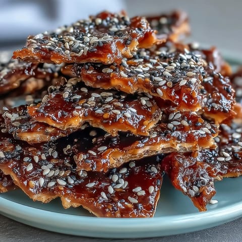 Toasted black sesame seeds in golden caramel brittle, offering a nutty crunch and sweet finish.  