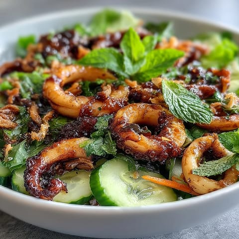 Refreshing squid salad featuring charred calamari, crunchy cucumber, and aromatic herbs in a tangy chilli-lime vinaigrette.