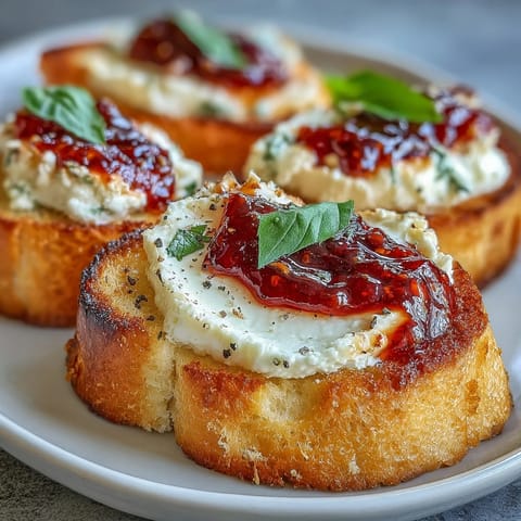 Crispy toasted baguette slices topped with creamy goat cheese and sweet-spicy chili jam, garnished with fresh basil leaves.  