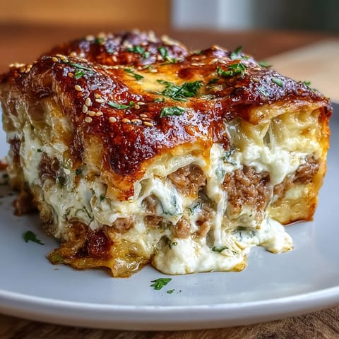 A golden-baked dumpling lasagna with juicy ground pork, tender cabbage, and melted mozzarella in every layer.