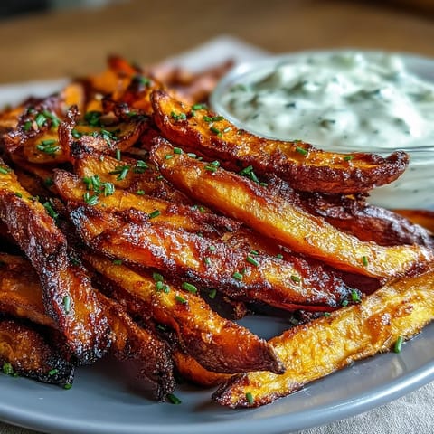 Golden-brown sweet potato fries paired with tangy onion dip, perfect for a quick and satisfying snack.  