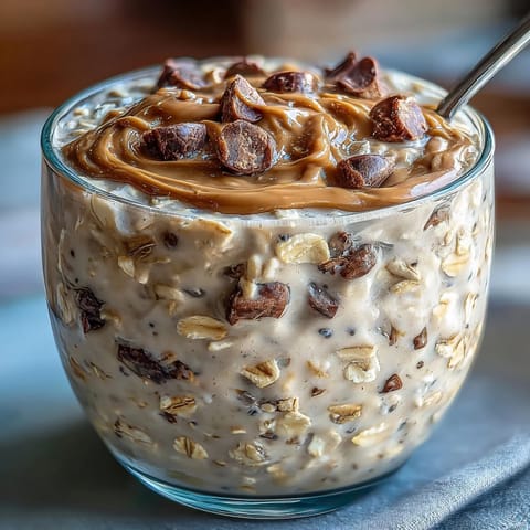 A creamy jar of overnight oats topped with peanut butter, chocolate chips, and banana slices for a decadent breakfast treat.