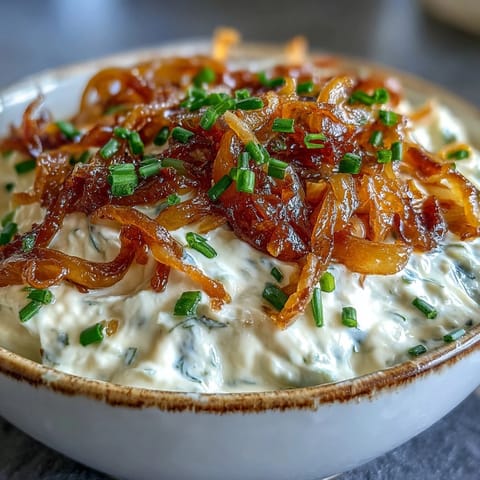 Rich, savory caramelized onion dip blended with tangy sour cream and herbs, served chilled with crispy crackers.