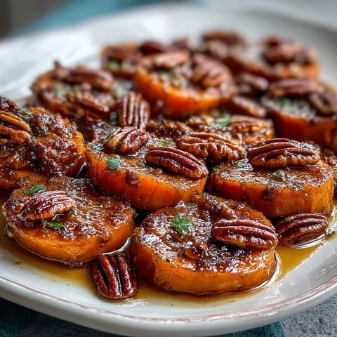 Classic holiday candied yams with crunchy toasted pecans, served in a small baking dish for two.  