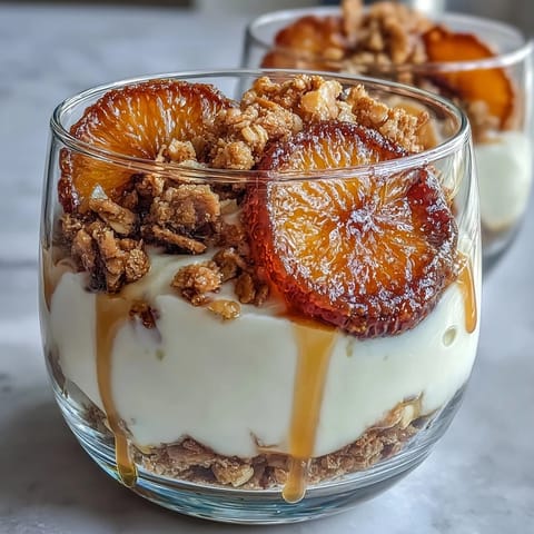 Creamy Greek yogurt layered with sweet candied orange slices and nutty granola for a refreshing breakfast treat.  