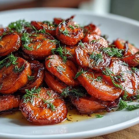 Vibrant orange honey glazed carrots tossed with fresh dill, offering a sweet and aromatic flavor in every bite.  
