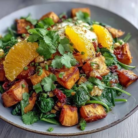 Sweet potato and orange sheet pan breakfast hash with roasted vegetables and fresh herbs on a rustic tray.  