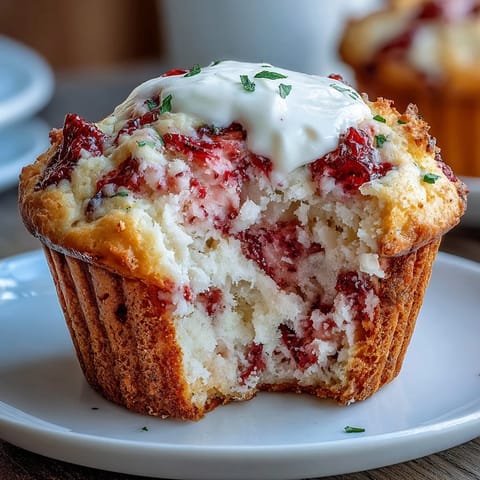 Fresh strawberry Greek yogurt muffins with juicy berries and a golden top, perfect for a healthy breakfast or snack.