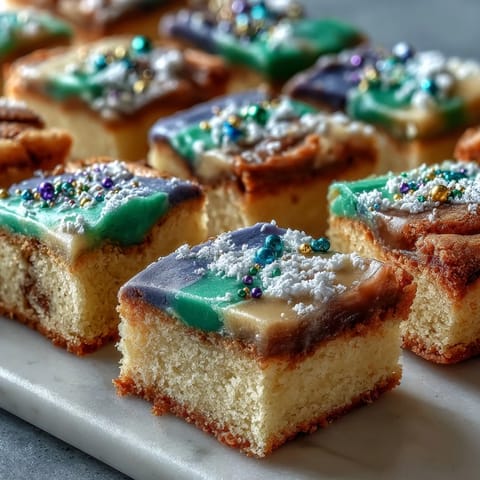 Festive sugar cookie bars decorated with colorful icing and sanding sugar, inspired by classic King Cake flavors.  