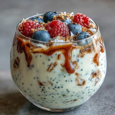 Fluffy yogurt chia pudding with vanilla bean, topped with fresh berries and coconut flakes for a creamy, healthy breakfast treat.