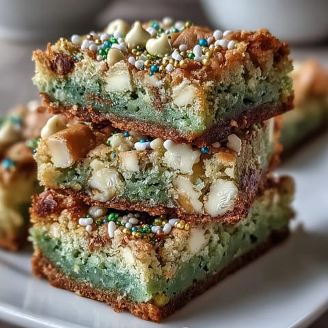 Colorful St. Patrick's Day Rainbow Cookie Bars with white chocolate chips and festive sprinkles, baked until golden and perfect for celebrating.