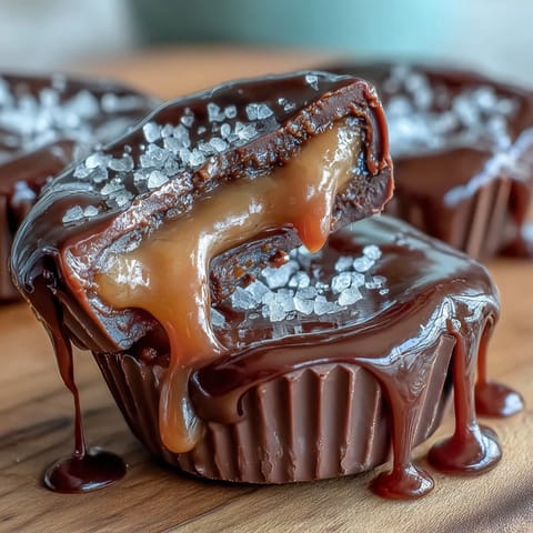 Decadent salted caramel peanut butter cups with a gooey center, rich chocolate coating, and a sprinkle of flaky sea salt.  
