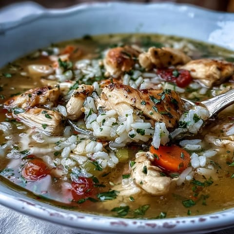 A steaming bowl of healthy chicken and rice soup, filled with tender chicken, fresh vegetables, and hearty rice in savory broth.