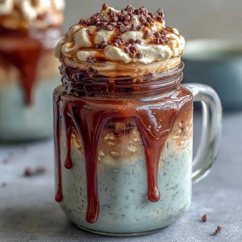 Vanilla Bean Frappuccino Overnight Oats Dessert Jar with creamy vanilla and coffee layers, topped with whipped cream and chocolate chips in a glass jar.