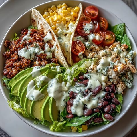 Healthy Easy Taco Salad Bowls with Greek Yogurt Ranch in crispy tortilla bowls, topped with seasoned turkey, fresh veggies, and creamy dressing.