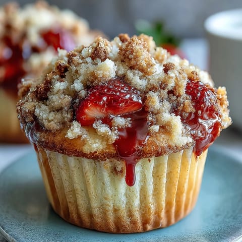 Strawberry muffins with crumble topping: golden, tender muffins bursting with juicy berries and crowned with buttery, crunchy streusel.