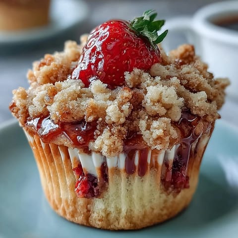 Homemade strawberry crumble muffins: soft, moist muffins packed with fresh fruit and finished with a sweet, cinnamon-spiced crumb topping.