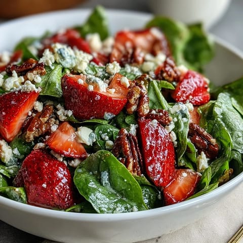 Fresh strawberry spinach salad with poppy seed dressing in a wooden bowl, topped with crumbled feta and toasted pecans.