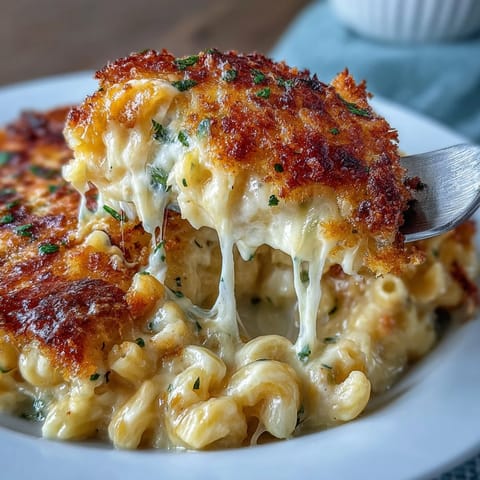 Baked Southern mac and cheese with creamy cheddar sauce and crispy golden topping, served hot from the oven.