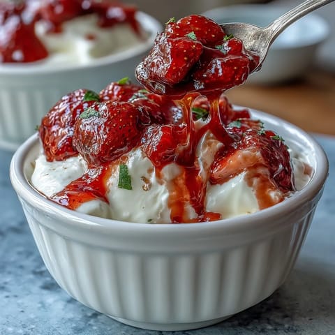 Fresh strawberry compote drizzled over creamy Greek yogurt with a hint of honey.  