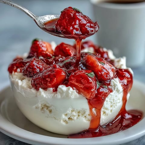 Sweet-tart strawberry compote served over thick Greek yogurt, garnished with fresh mint.  