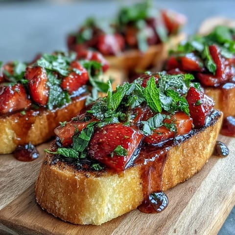 Fresh strawberry bruschetta with balsamic and mint served on golden toasted baguette slices, perfect for summer gatherings or light appetizers.  