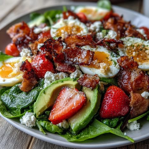 Vibrant Spring Cobb Salad with Strawberries and Avocado, showcasing colorful rows of fresh greens, juicy berries, creamy avocado, and crumbled feta.