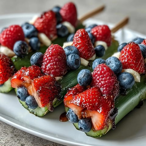 Red, white, and blue fruit skewers with strawberries, bananas, and blueberries arranged in a patriotic pattern on wooden sticks.