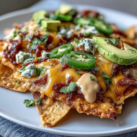 Crispy tortilla chips smothered in creamy cheese sauce, loaded with jalapeños, tomatoes, and avocado for the ultimate game day nachos.