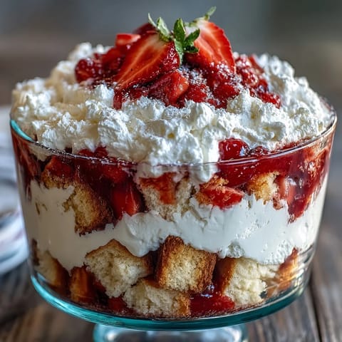 Layered Mothers Day Strawberry Shortcake Trifle with fresh berries and whipped cream in a glass bowl.
