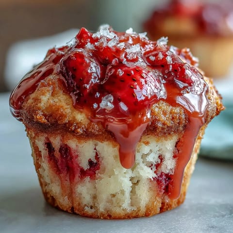 Strawberry lemon muffins with glaze, topped with juicy berries and a tangy lemon drizzle, baked to golden perfection.