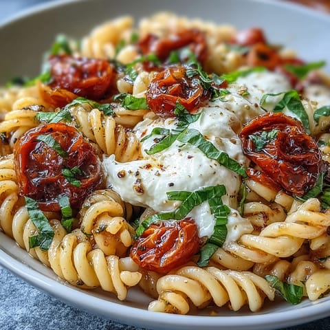Creamy Caprese pasta with burrata, bursting cherry tomatoes, and fresh basil for a vibrant, Italian-inspired summer meal.  