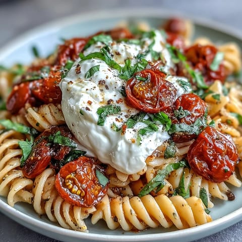 Silky burrata melts over al dente pasta, paired with sautéed tomatoes and fragrant basil for a refreshing, vegetarian dish.  