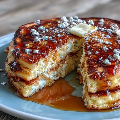 Fluffy lemon ricotta pancakes with golden edges, served with fresh berries and a dusting of powdered sugar.