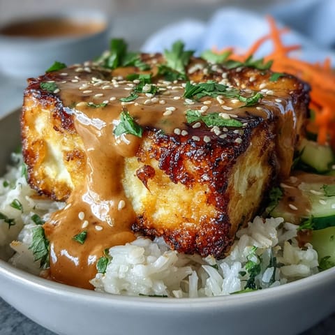 Crispy baked tofu cubes on brown rice, drizzled with creamy peanut sauce and fresh vegetables.