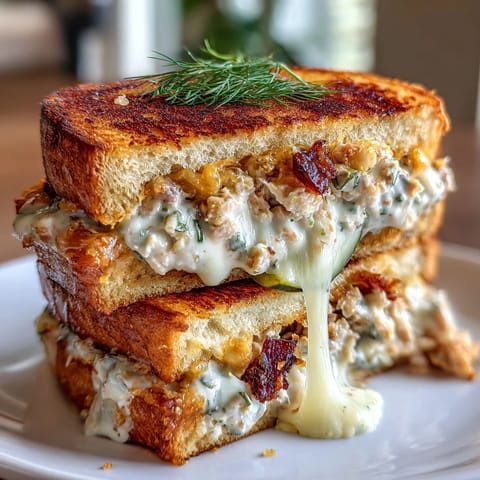 Golden, buttery Crispy Tuna Melt sandwich oozing with melted cheddar and creamy tuna salad filling.