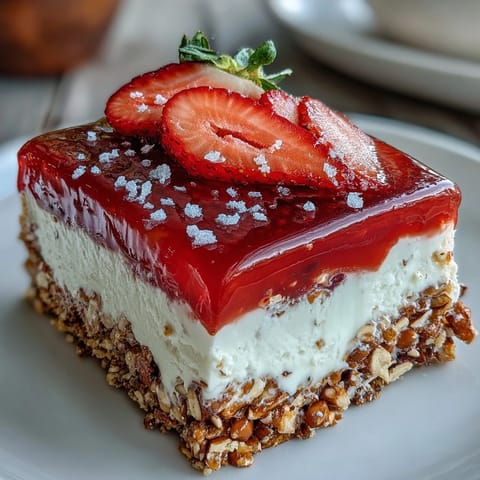 Memorial Day Strawberry Pretzel Salad Dessert with creamy cheesecake and fresh strawberries in strawberry gelatin.