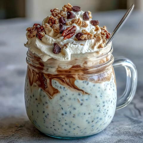 Vanilla Bean Frappuccino Overnight Oats Jar with creamy vanilla oats, coffee layers, and whipped cream topping for a refreshing breakfast treat.