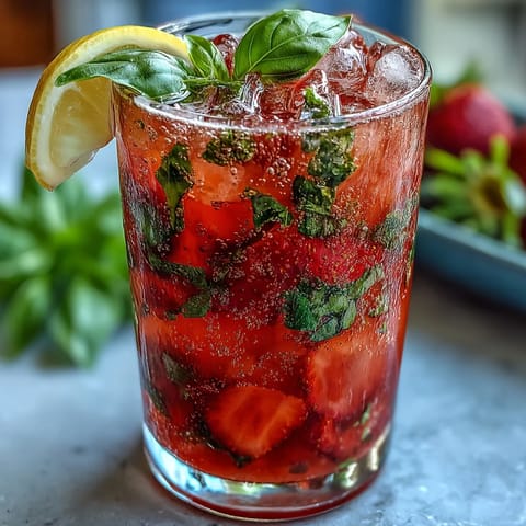 A refreshing strawberry basil mocktail with muddled strawberries, fragrant basil, and sparkling water in a tall glass.