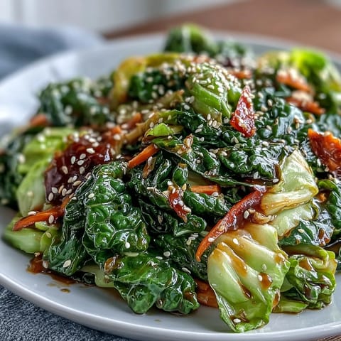 Spicy cabbage stir fry with garlic, chili, and soy sauce, served hot in a wok for a vibrant Asian-inspired side dish.  